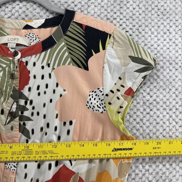 Ann Taylor Shirt Dress Womens 8 Beige Red Button Front Crew Cap Sleeve Belt - Picture 10 of 13